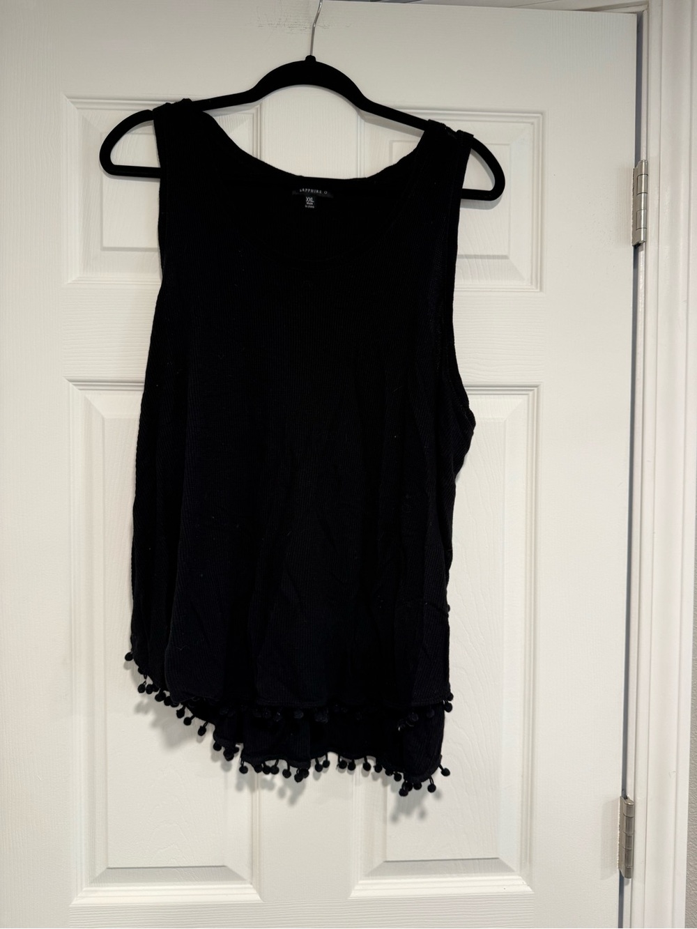 Sleeveless Black Tank Top with Pom-Pom Hem